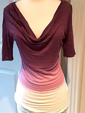Vintage Y2K T-Party Ombre
Cowl Neck Top with
Rhinestones-Maroon/Purple
Gradient